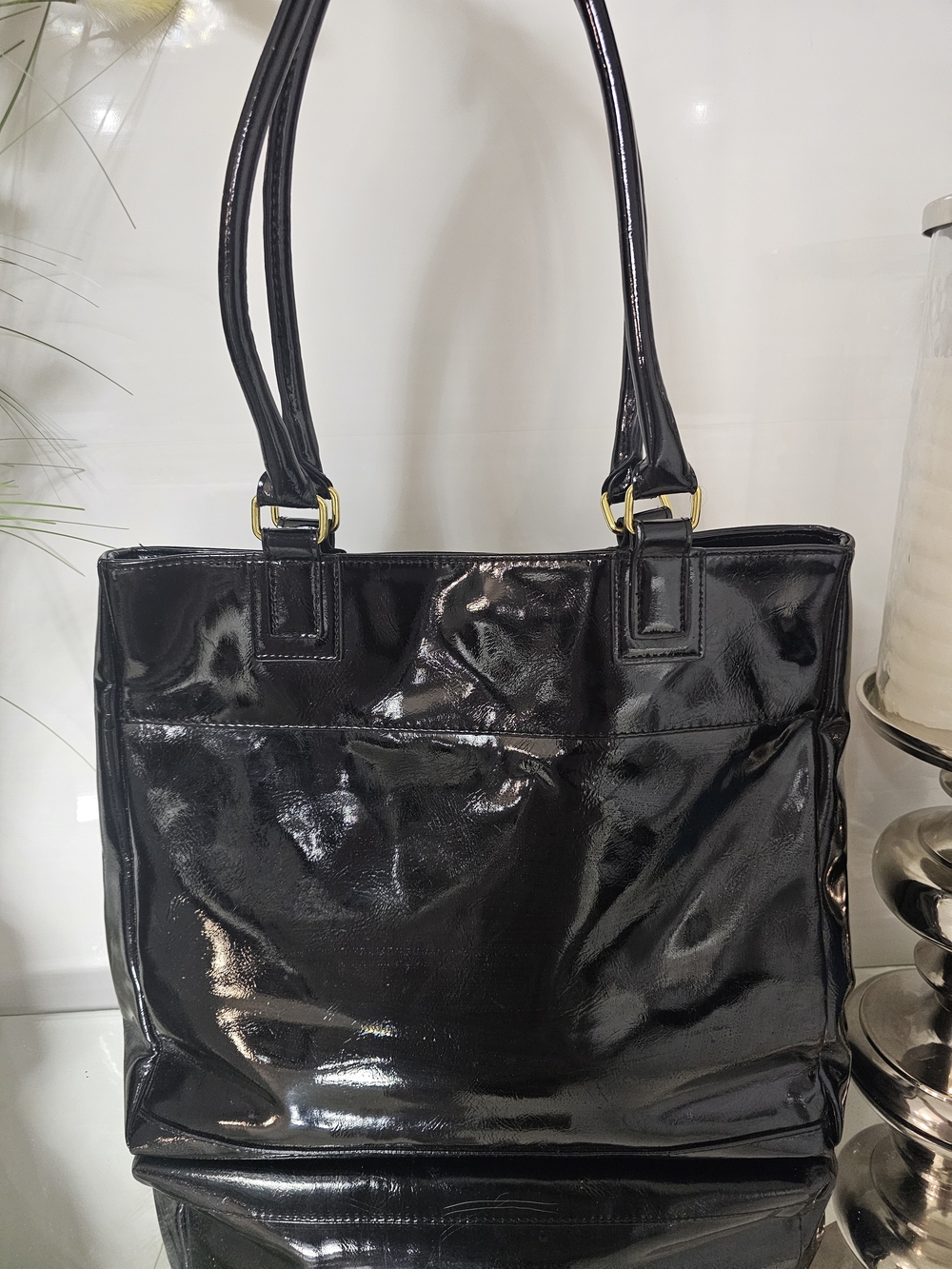 Estee Lauder Black Patent Tote Bag with Gold Hardware